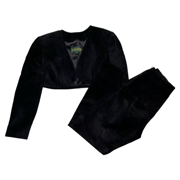 Danier Vintage 90s SUEDE LEATHER Black 2-pc Pants & Cropped Jacket XS - Picture 3 of 8